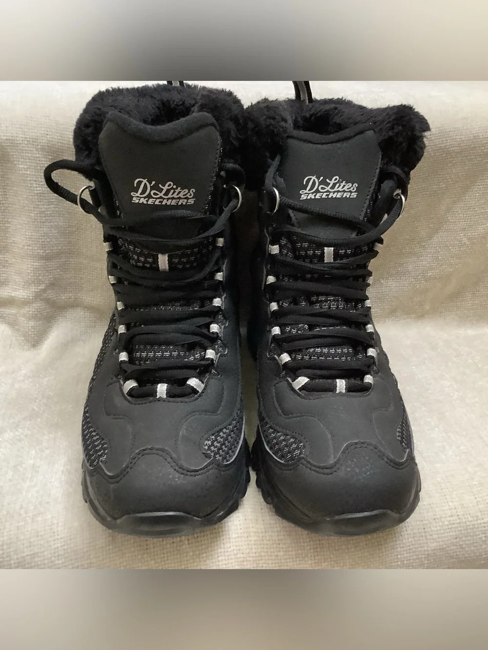 Skechers D'Lites Bomb Cyclone Waterproof Boots-Black & Gray-Faux Fur Lined-9M